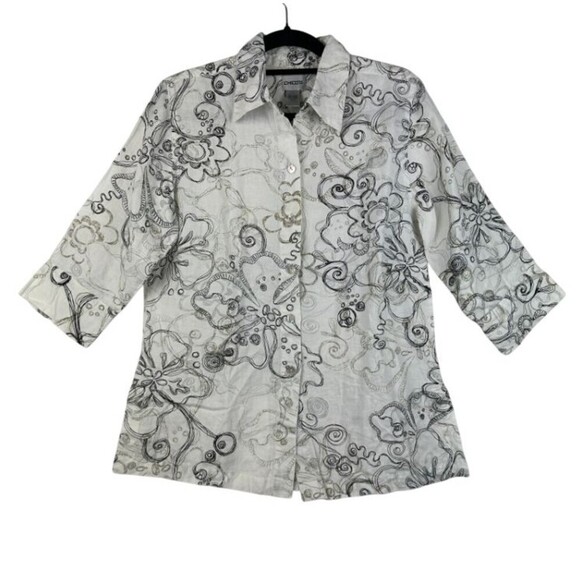 2/$30 Chicos 100% Linen Button Down Shirt Size S Floral Whimsical Oversized Boho - Picture 1 of 11